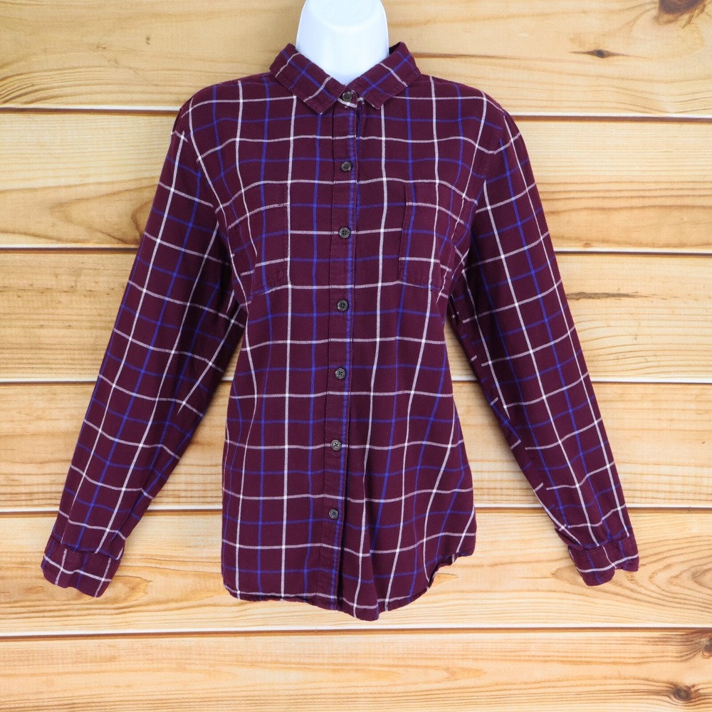 Old Navy Long Sleeve Button Up Shirt Womens Sz‎ L Maroon Checks Collared Pockets